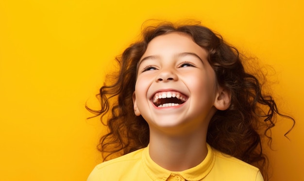 Happy little girl on a bright yellow background