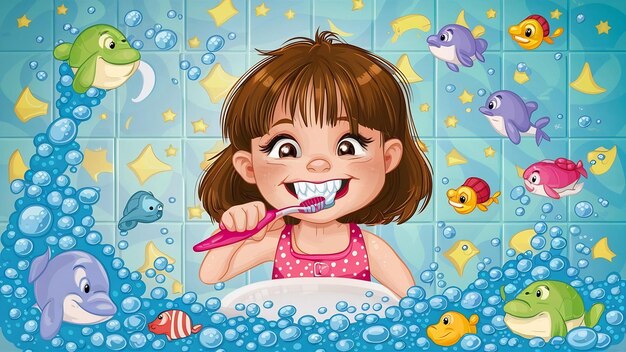 Photo happy little girl brushing her teeth with a toothbrush