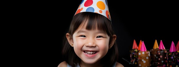 写真 幸せな小さな女の子がカラフルな背景にキャップをかぶって誕生日を祝います