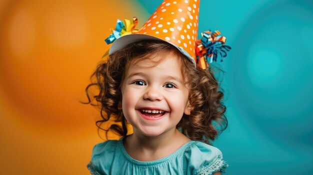 Happy little girl celebrates her birthday wearing a cap on a colorful background