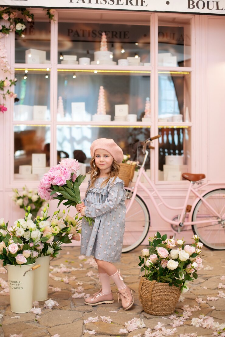 Happy little girl in a dress and in beret with a bouquet of pink peonies 
Mothers Day