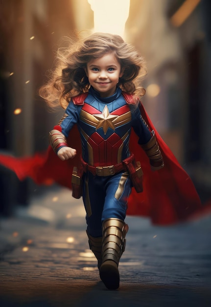 Happy little girl dressed as a superhero walking down the street