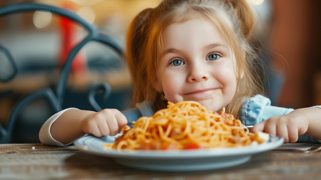happy little girl eating delicious pasta at the kitchen table