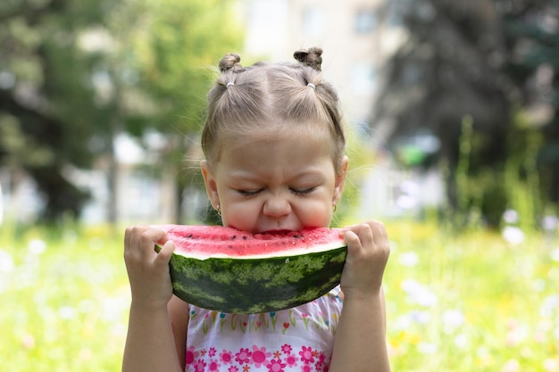 Happy little girl eating water melon in the summer park