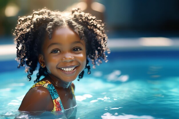 Happy little girl enjoy and fun outdoor activity lifestyle on travel vacation at the pool