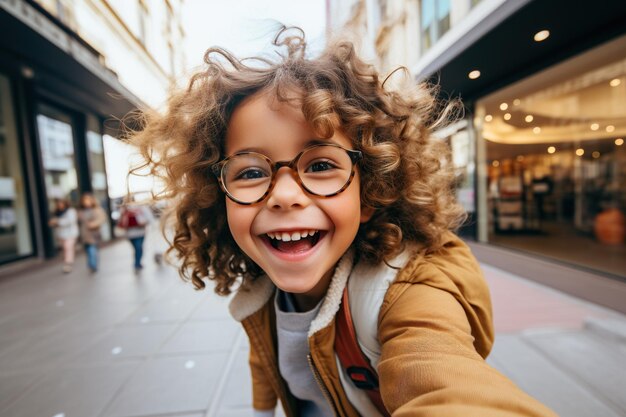 happy little girl in eyeglasses taking selfie with smartphone in city