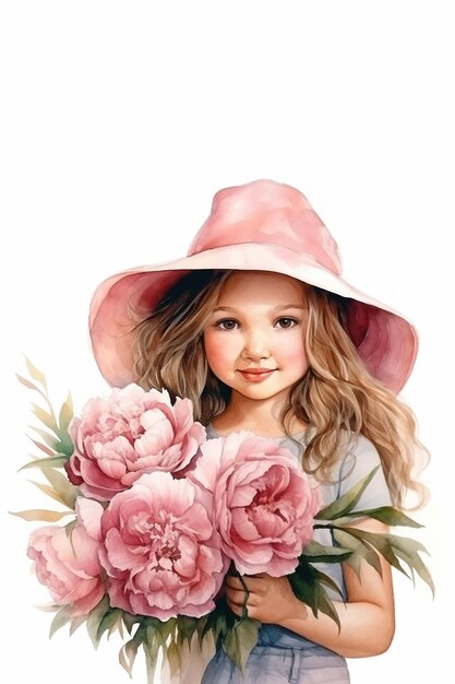 Happy little girl in a hat with a large bouquet of peonies in a watercolor style