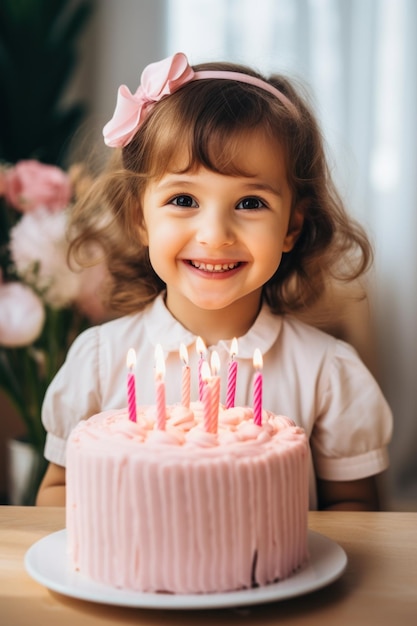 Счастливая маленькая девочка на вечеринке по случаю дня рождения с розовым тортом и свечами