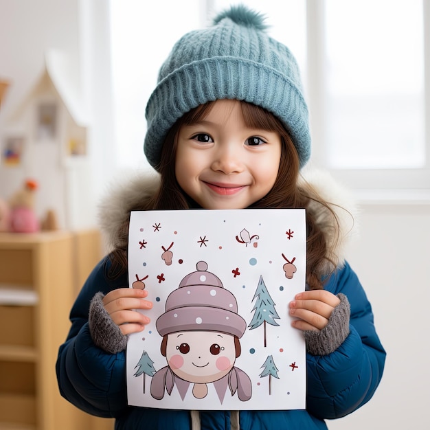 Happy little girl holding a winterthemed coloring book and crayons