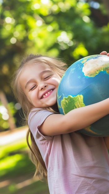 Happy Little Girl Hugging Planet Earth Kid Embrace