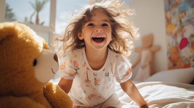 Happy little girl jumps on her bed next to her teddy bear