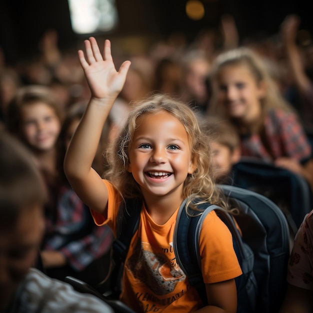 Happy little girl looking at teacher while her raising hand to answer Back to school concept