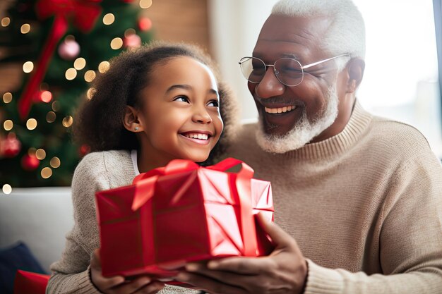 Happy Little Girl ontvangt een kerstcadeau van haar grootvader Senior Man als Santa omarmt zijn kleindochter met een Xmas Gift Box Generative AI Illustration