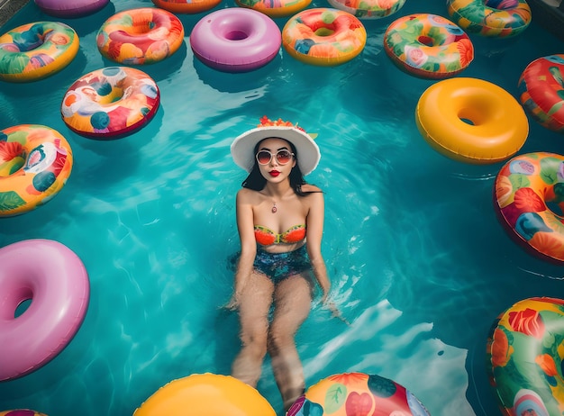 счастливая маленькая девочка в бассейне плавает на матрасе в солнцезащитных очках, вид сверху