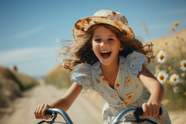 自転車に乗って幸せな小さな女の子 自転車の運転を学ぶ帽子をかぶった笑顔の子供の夏のポートレート