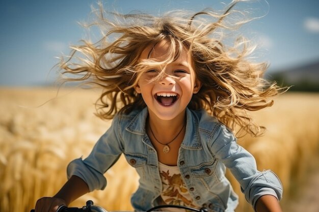 Happy little girl riding bike Summer portrait of smiling child with long hair learning to drive bicycle