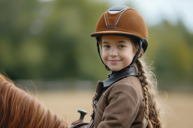 Photo a happy little girl riding a horse generative ai