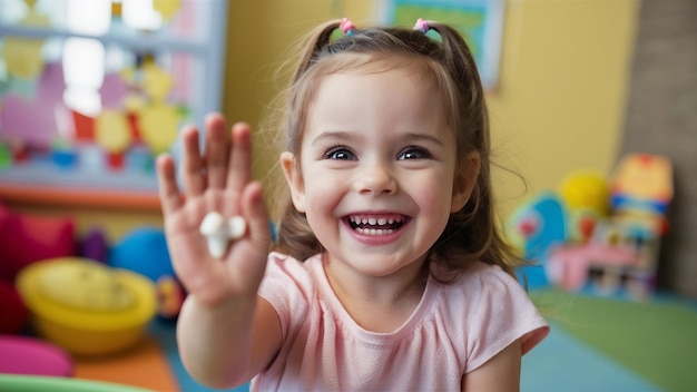 Photo happy little girl showing her first fallen tooth