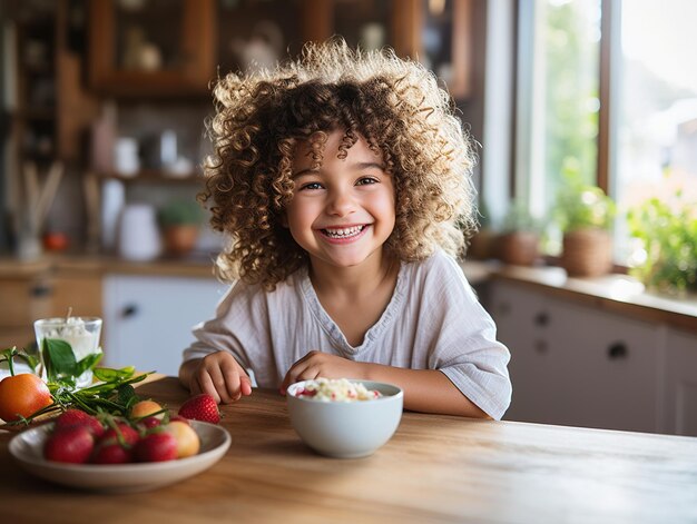 Photo happy little girl sits at the table and eats porridge and fruits baby healthy food concept design ai