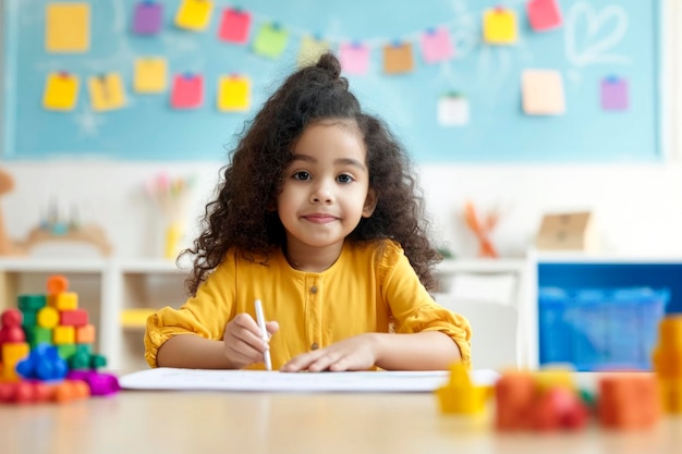 Photo happy little girl sitting at a table and drawing childrens creativity and development concept