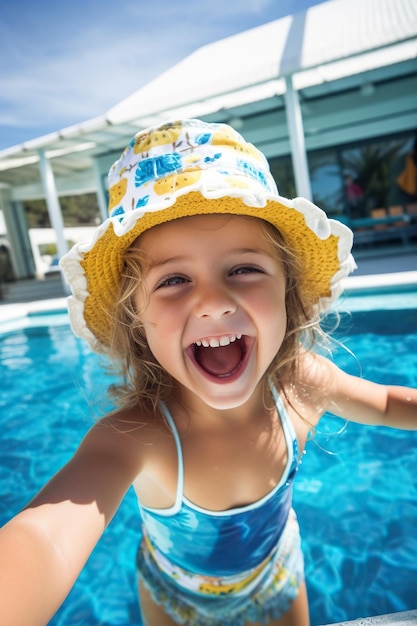 Happy little girl taking selfie in an outdoor swimming pool