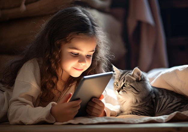 Фото Счастливая маленькая девочка смотрит мультфильмы на электронном устройстве, генерирующем ии