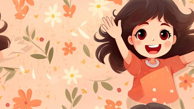 Photo a happy little girl waving hello to a virtual audience during an online video call her bright smile lighting up the screen seamless pattern seamless wallpaper