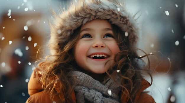 happy little girl in winter hat playing in snowy winter park