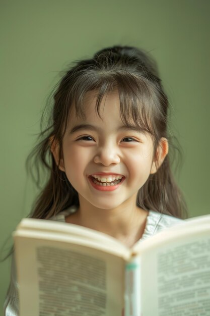 사진 부드러운 초록색 배경 에 책 을 읽는 큰 미소 를 가진 행복 한 어린 소녀