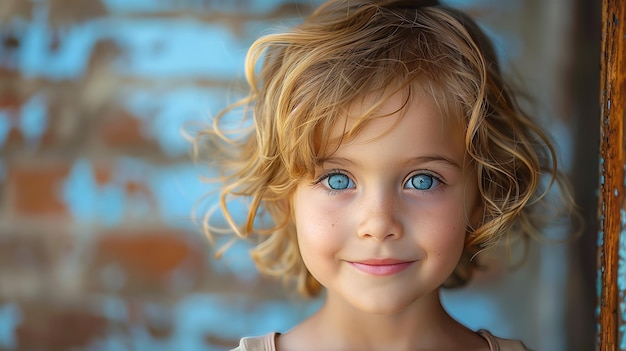 A happy little girl with blonde hair and blue eyes is smiling for the camera