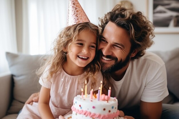 Happy little girl with father on her bitthday party with pink cake and candles home party
