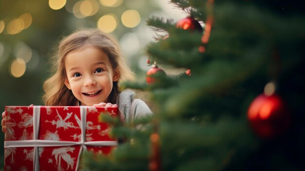 Счастливая девочка с подарочными коробками под рождественской елкой дома