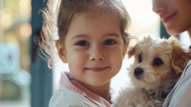 A happy little girl with a smile sits next to a dog by the window aig