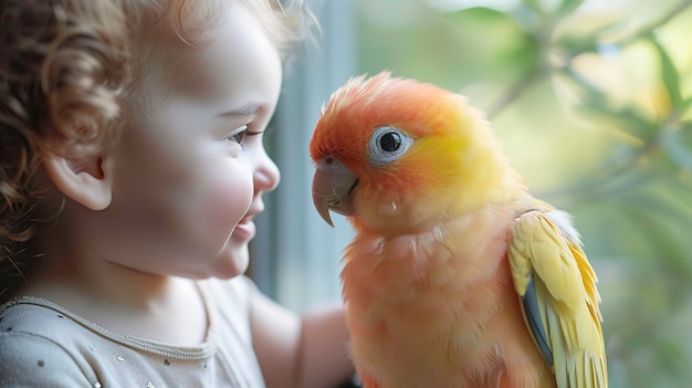 happy little girl and young parrot