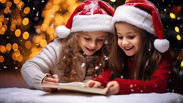 Photo happy little girls in santa hat reading book