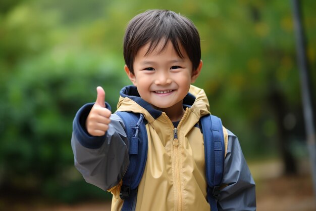 Happy little kid boy with satchel walking Schoolkid on the way to middle or high school Excited c