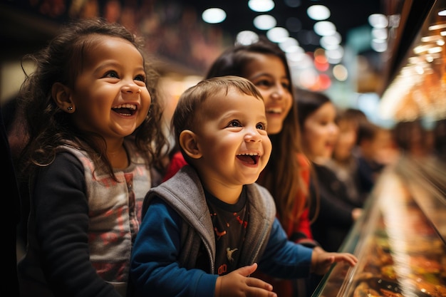 Happy little kids explore wonders of a vibrant shop designed just for them