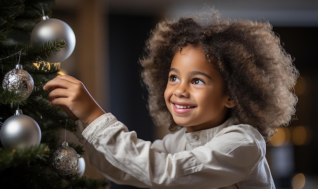 Счастливая маленькая девочка смешанной расы с афроамериканскими волосами, украшающая елку в гостиной