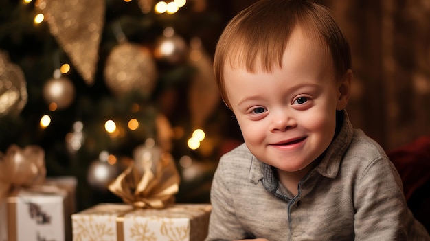 Happy little one with a child with Down syndrome with gifts and lights on the background of a New