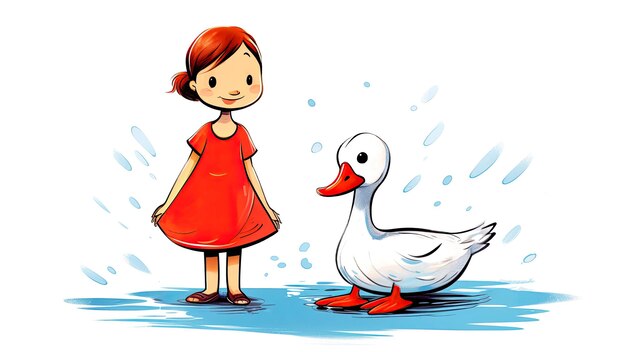 Photo happy little scandinavian girl with goose frienship with animals colorful illustration