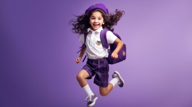 Happy little schoolgirl bouncing in the air against a purple background created with generative ai technology