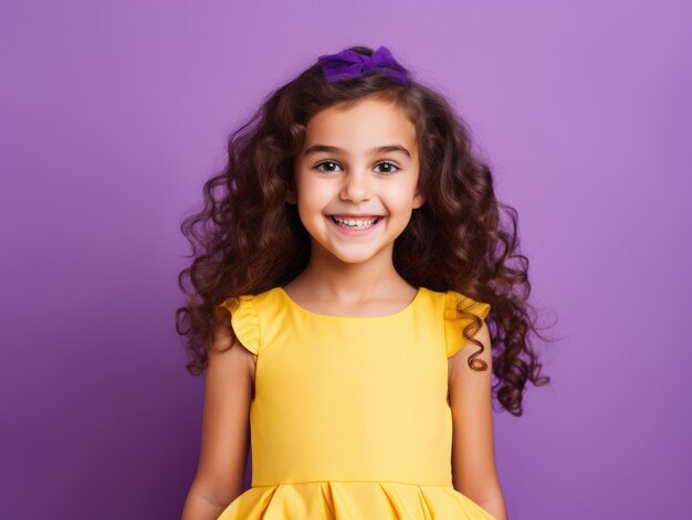 Happy little smiling girl posing in yellow dress isolated on colored wall