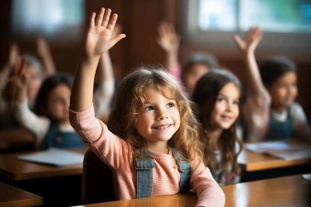 Happy little student girl raising hand up to answer School children in classroom at lesson