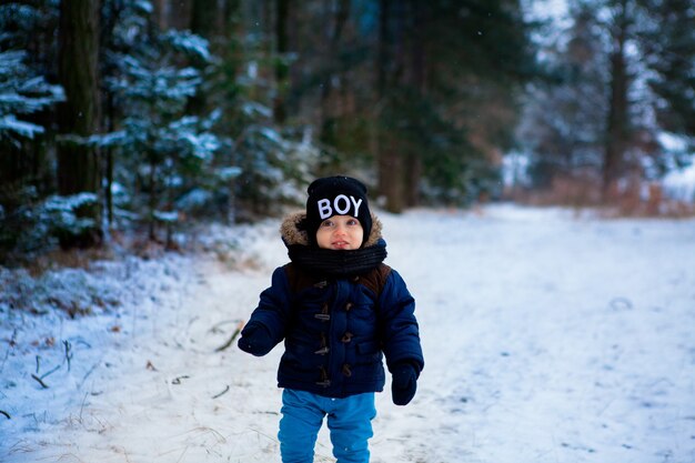 Happy little toddler boy wondering the snow flakes in the winter forest