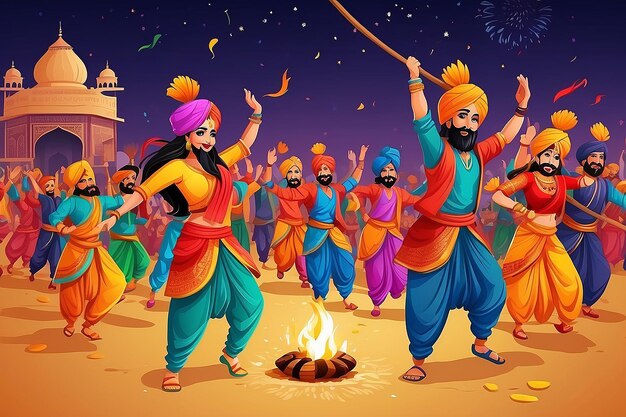 Foto felice festa di lohri del punjab india sfondo gruppo di persone che suonano la danza lohri