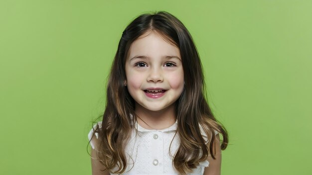 Happy longhair brunette little girl isolated on white studio background looks happy cheerful sincer
