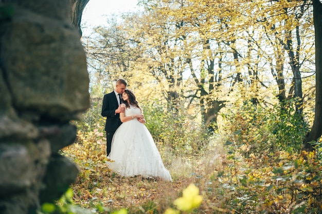 Happy and in love bride and groom walk in autumn park on their wedding day