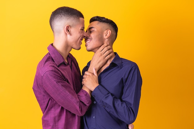 Happy and in love gay dating couple kissing on the mouth