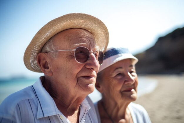 Happy love and senior couple enjoying life on a retirement holiday in the summer