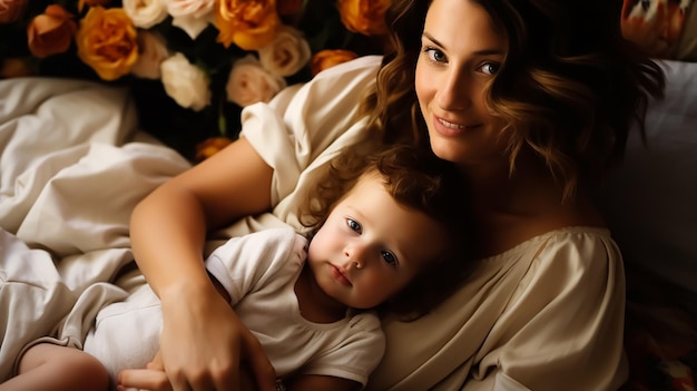 happy lovely young family mother and baby kids laying on bed its sleep time wearing sleep wear